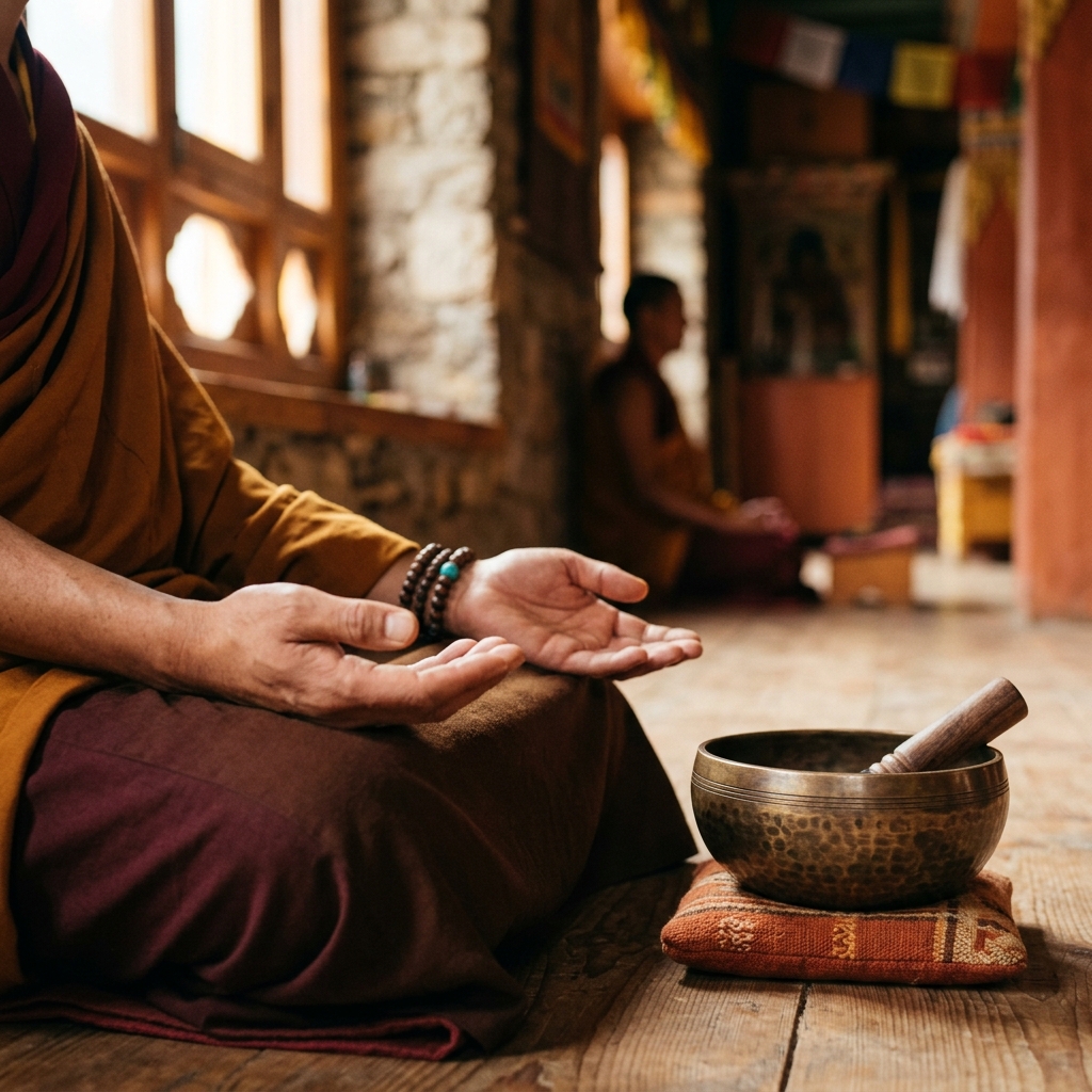 Manos en mudra meditación, cuenco tibetano, luz cálida de ashram